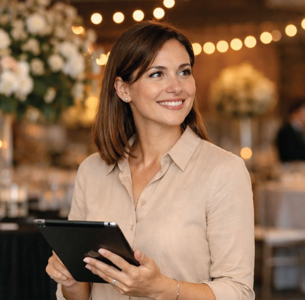 Cerimonialista usando um tablet durante a recepção de um evento